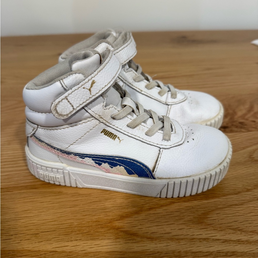 Puma Toddler 10 White Carina High-Top Sneakers with Purple and Pink Accents